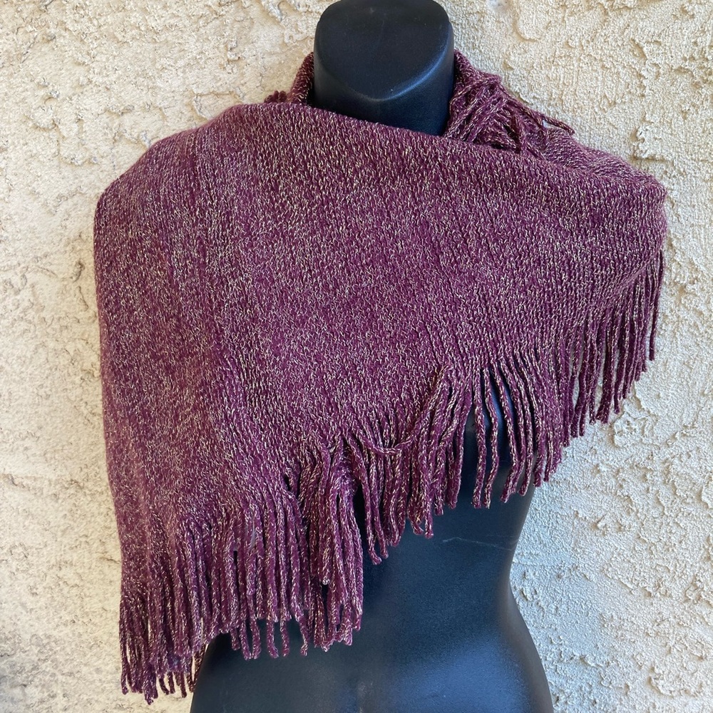 Anthropologie Purple Infinity Scarf With Gold Metallic Weave & Fringe